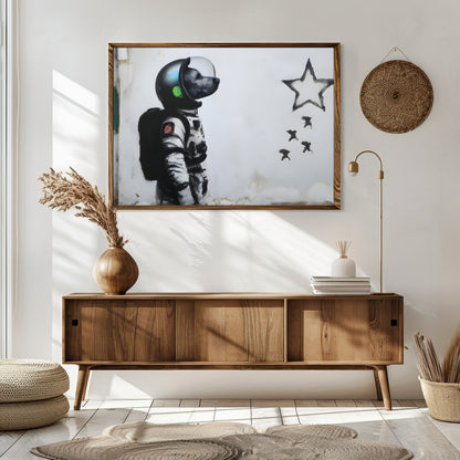 Explore the realms of imagination with this striking street art piece depicting an astronaut dog for Sitting Area