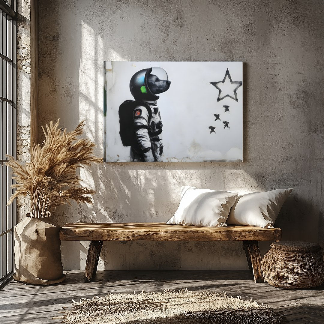 Explore the realms of imagination with this striking street art piece depicting an astronaut dog for Veranda