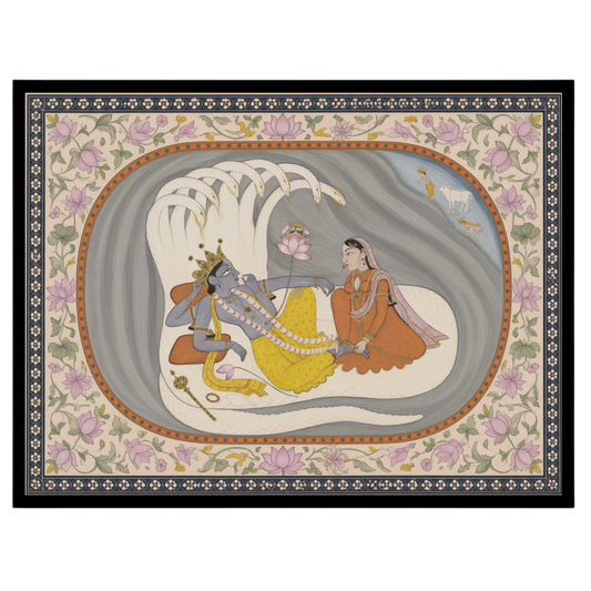 This exquisite Indian miniature art print captures Lord Vishnu and Goddess Lakshmi in serene for gallery