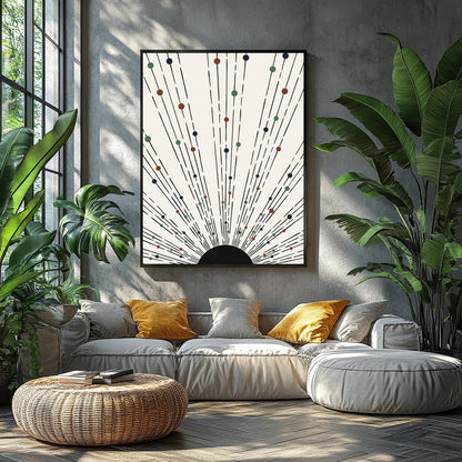 This captivating piece features an array of lines and colored dots radiating from a central point, for Balcony