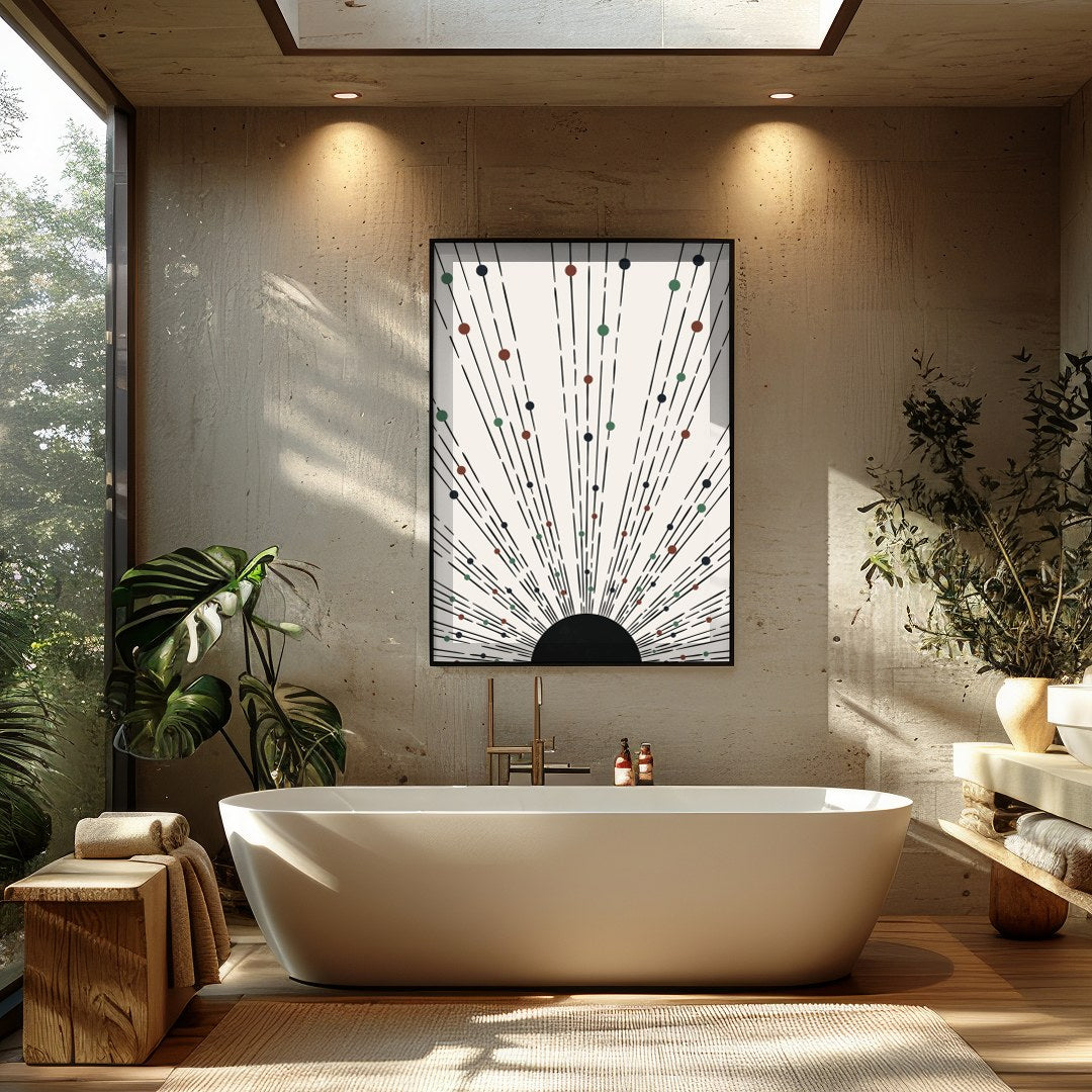 This captivating piece features an array of lines and colored dots radiating from a central point, for Bathroom