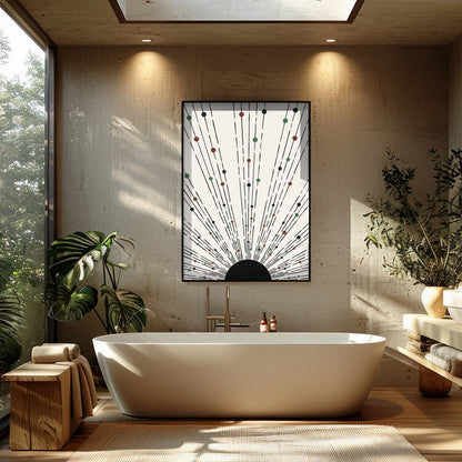 This captivating piece features an array of lines and colored dots radiating from a central point, for Bathroom