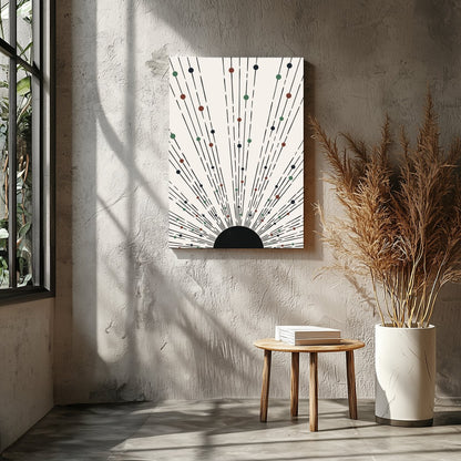 This captivating piece features an array of lines and colored dots radiating from a central point, for Entrance