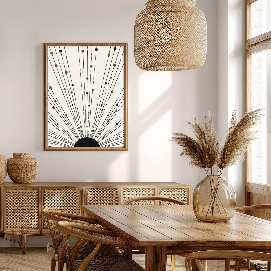 This captivating piece features an array of lines and colored dots radiating from a central point, for Extra Kitchen