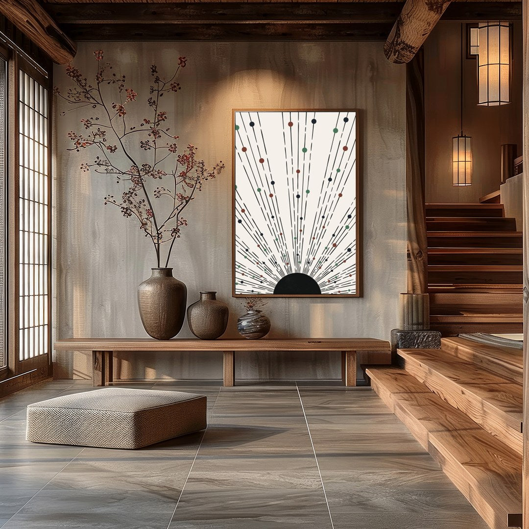 This captivating piece features an array of lines and colored dots radiating from a central point, for Hall