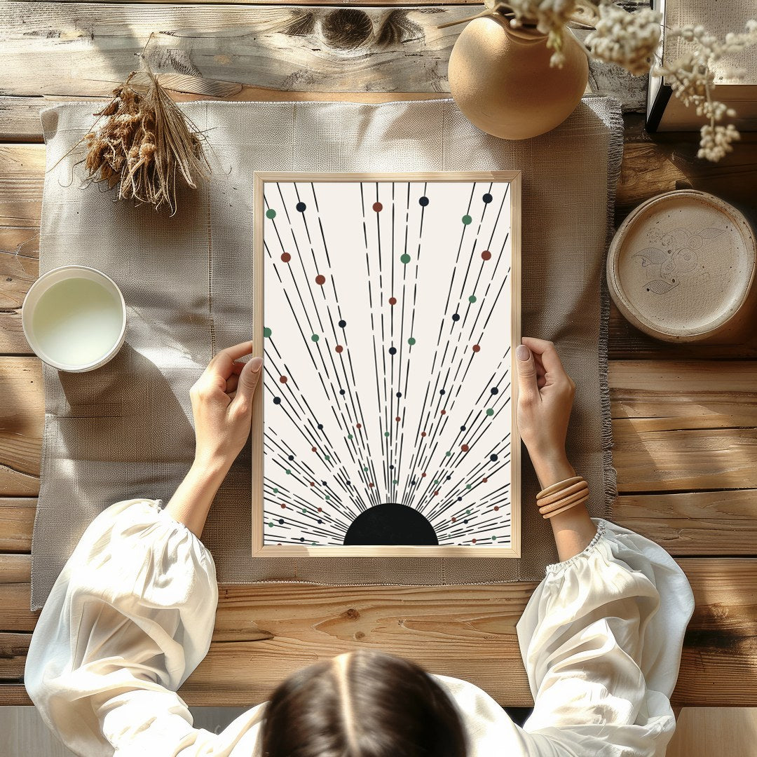 This captivating piece features an array of lines and colored dots radiating from a central point, for Kitchen