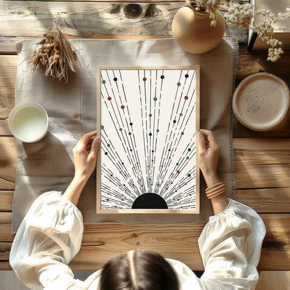 This captivating piece features an array of lines and colored dots radiating from a central point, for Kitchen