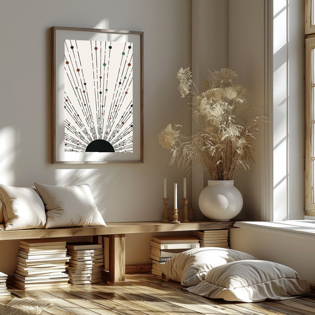 This captivating piece features an array of lines and colored dots radiating from a central point, for living-space