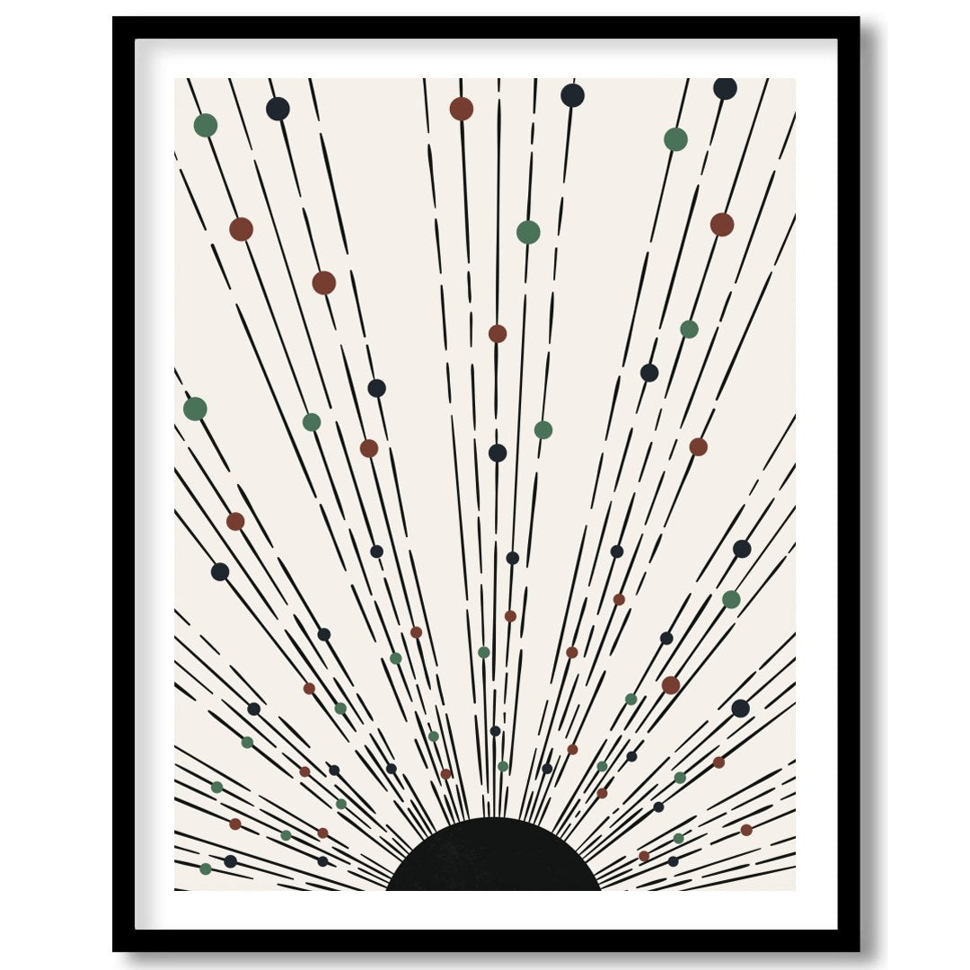 This captivating piece features an array of lines and colored dots radiating from a central point, for lovely-house