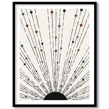This captivating piece features an array of lines and colored dots radiating from a central point, for lovely-house