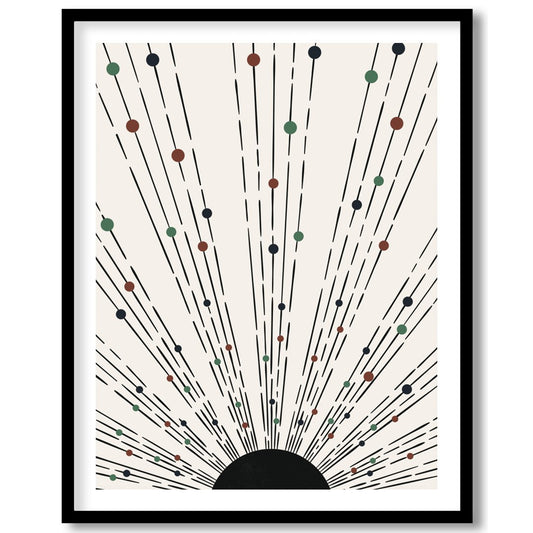 This captivating piece features an array of lines and colored dots radiating from a central point, for lovely-house