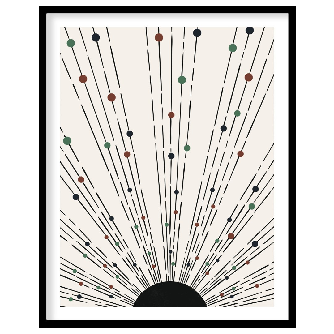 This captivating piece features an array of lines and colored dots radiating from a central point, for lovely-house
