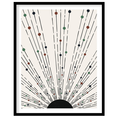 This captivating piece features an array of lines and colored dots radiating from a central point, for lovely-house