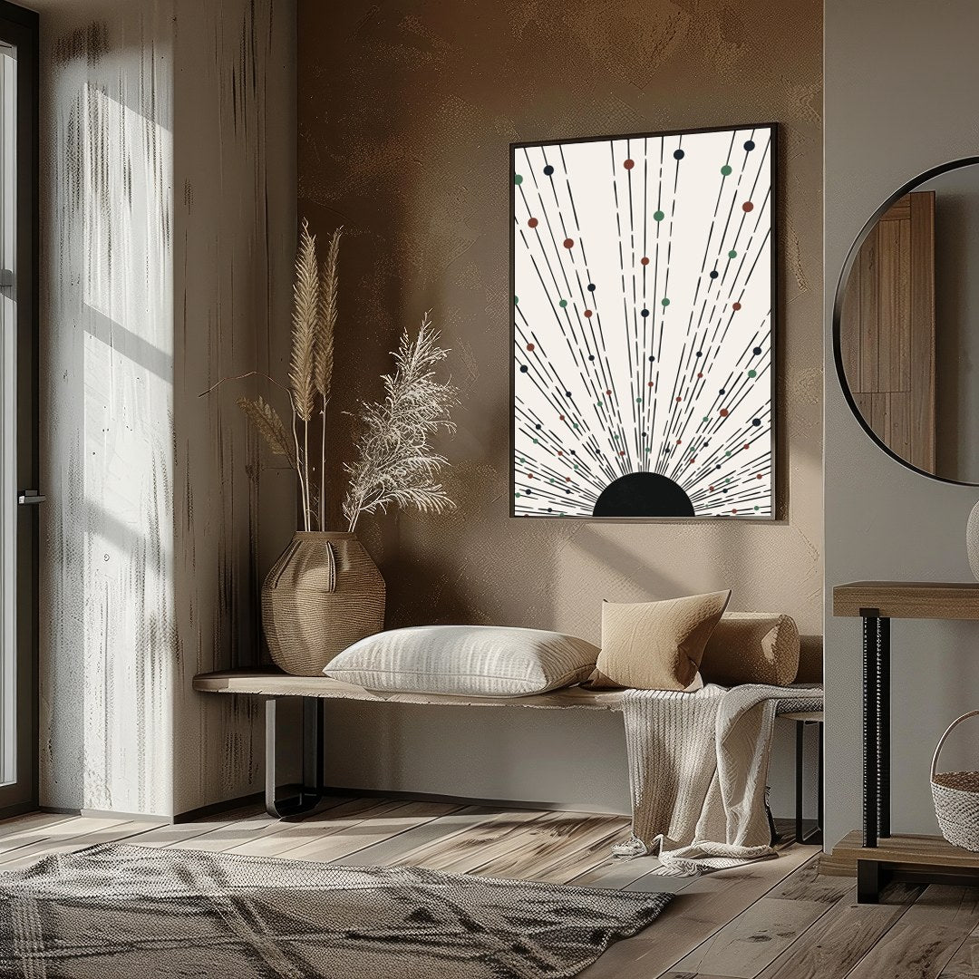 This captivating piece features an array of lines and colored dots radiating from a central point, for office