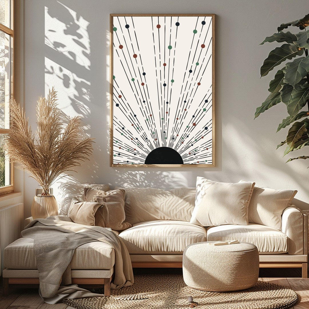 This captivating piece features an array of lines and colored dots radiating from a central point, for Sitting Area