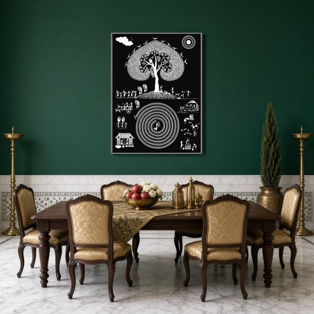 Dive into the intricate world of Warli art with this cosmic depiction of a village life swirling for Dining