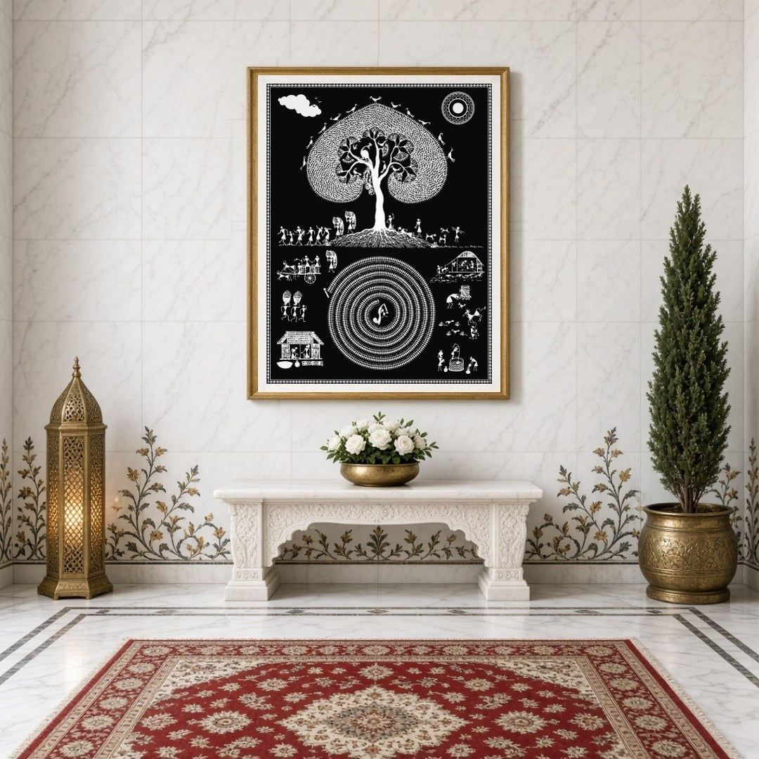 Dive into the intricate world of Warli art with this cosmic depiction of a village life swirling for Entrance