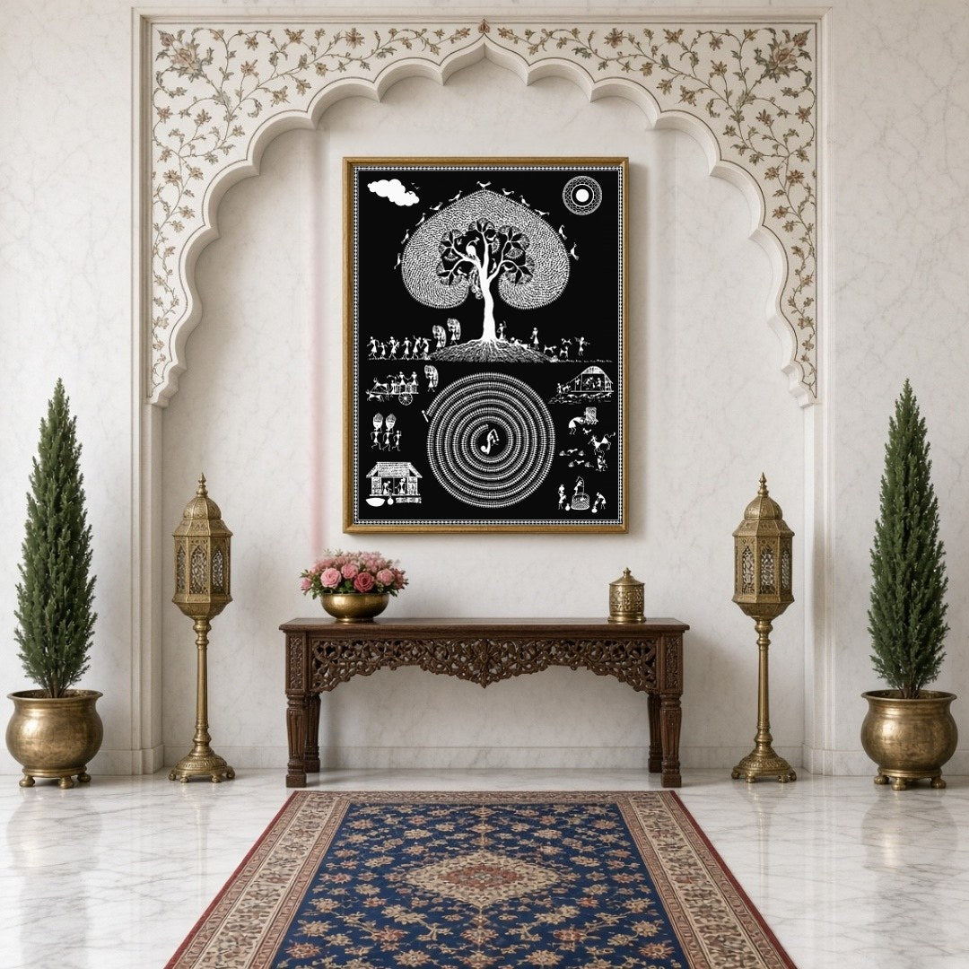 Dive into the intricate world of Warli art with this cosmic depiction of a village life swirling for Hallway