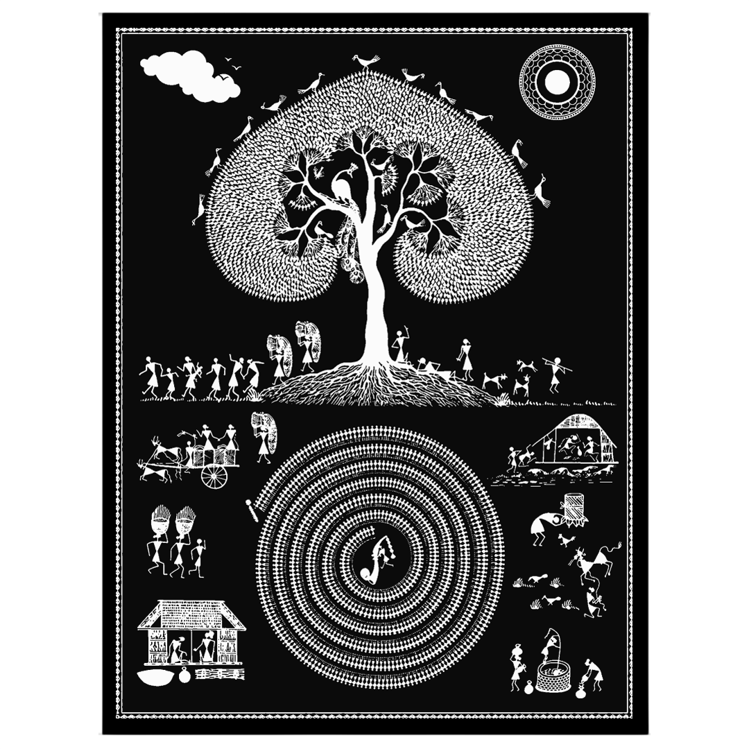 Dive into the intricate world of Warli art with this cosmic depiction of a village life swirling for office