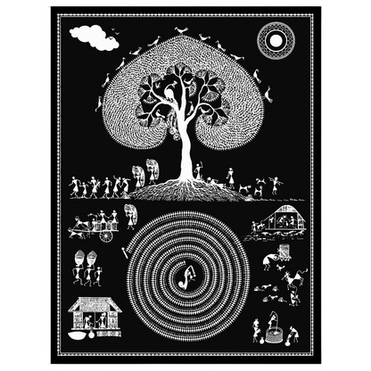Dive into the intricate world of Warli art with this cosmic depiction of a village life swirling for office