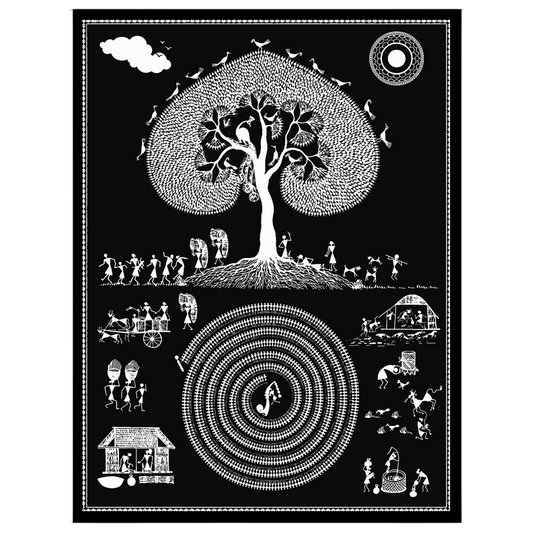 Dive into the intricate world of Warli art with this cosmic depiction of a village life swirling for office