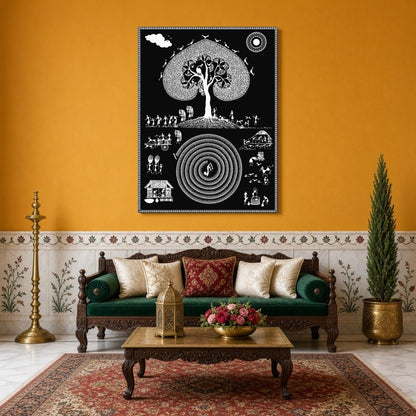 Dive into the intricate world of Warli art with this cosmic depiction of a village life swirling for Sitting Area