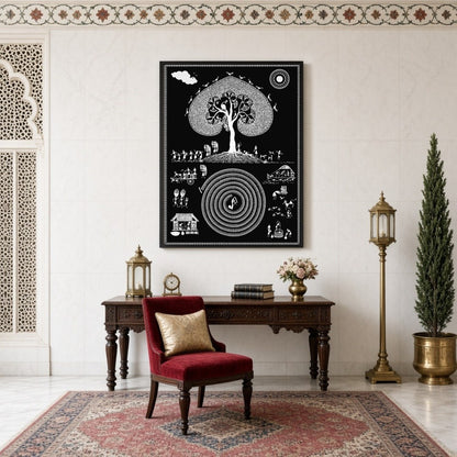 Dive into the intricate world of Warli art with this cosmic depiction of a village life swirling for Study