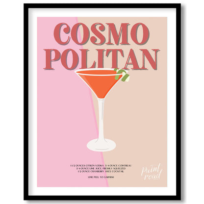 This elegant and sophisticated poster showcases a Cosmopolitan cocktail, rendered with a warm and i… for area