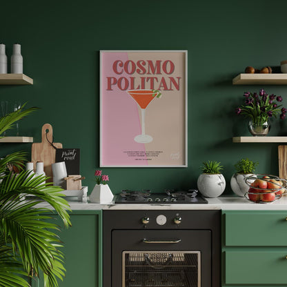 This elegant and sophisticated poster showcases a Cosmopolitan cocktail, rendered with a warm and i… for kitchen