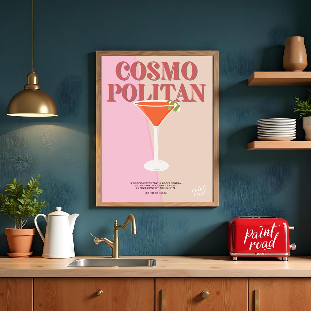 This elegant and sophisticated poster showcases a Cosmopolitan cocktail, rendered with a warm and i… for kitchen