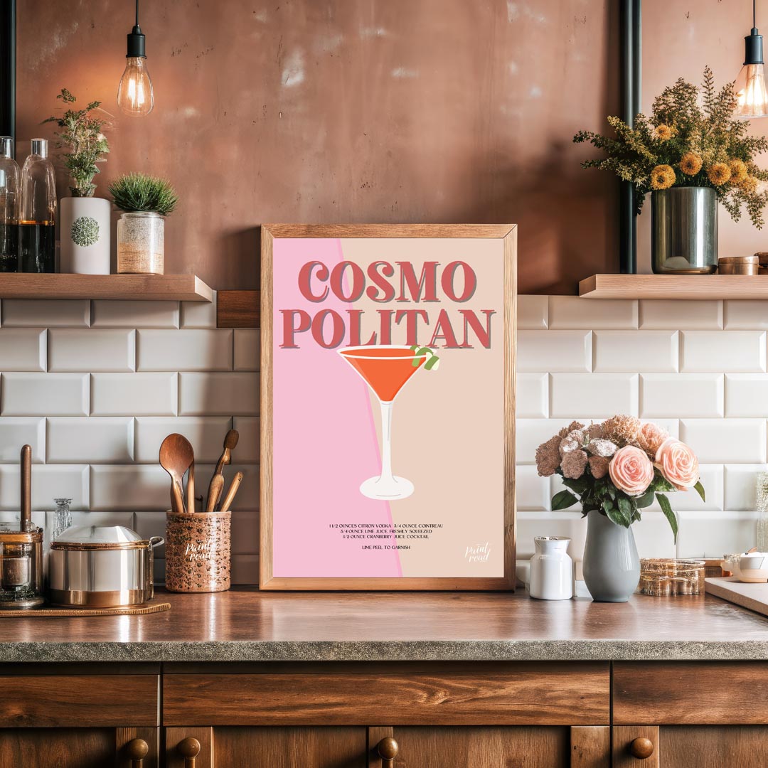 This elegant and sophisticated poster showcases a Cosmopolitan cocktail, rendered with a warm and i… for kitchen
