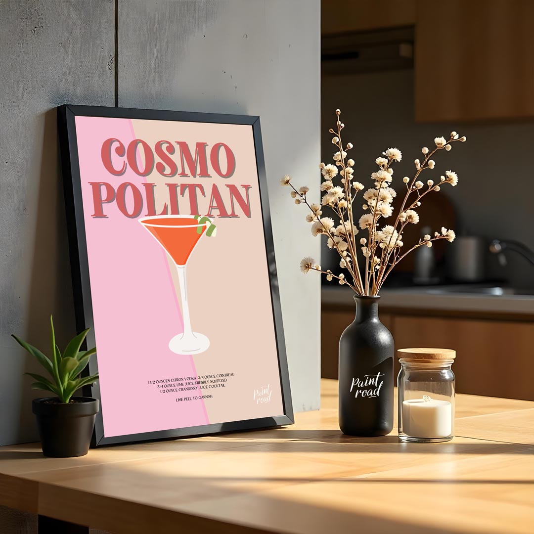 This elegant and sophisticated poster showcases a Cosmopolitan cocktail, rendered with a warm and i… for kitchen