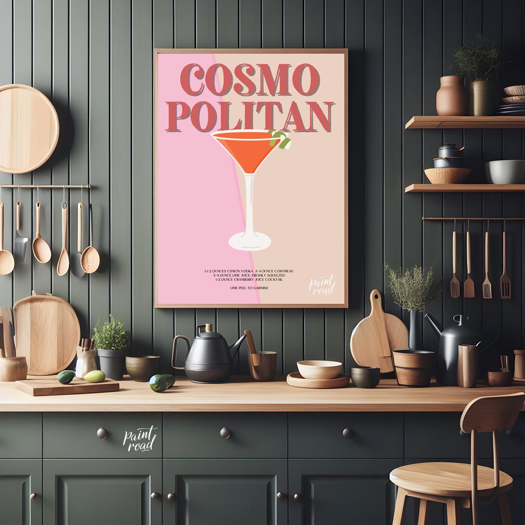 This elegant and sophisticated poster showcases a Cosmopolitan cocktail, rendered with a warm and i… for kitchen