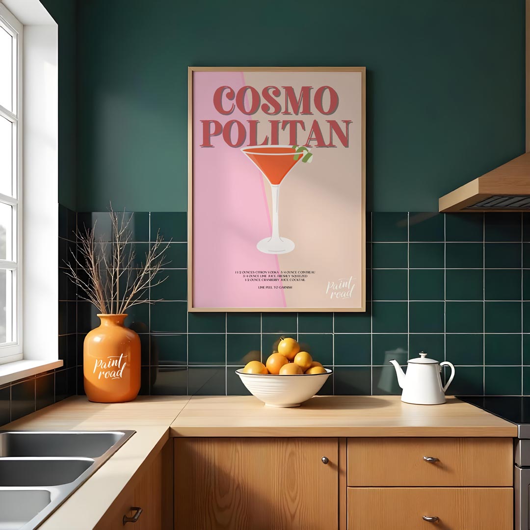This elegant and sophisticated poster showcases a Cosmopolitan cocktail, rendered with a warm and i… for kitchen