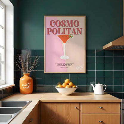 This elegant and sophisticated poster showcases a Cosmopolitan cocktail, rendered with a warm and i… for kitchen