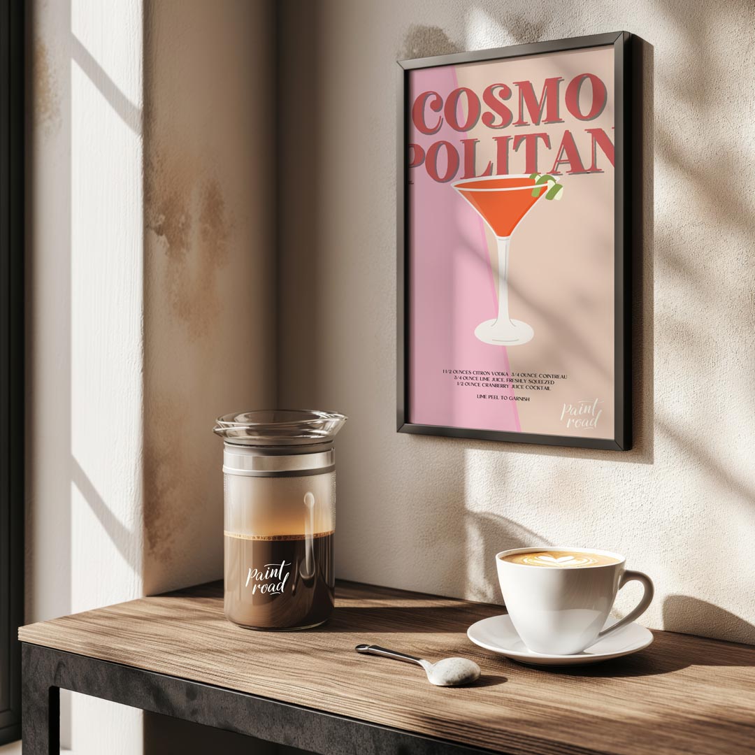 This elegant and sophisticated poster showcases a Cosmopolitan cocktail, rendered with a warm and i… for kitchen