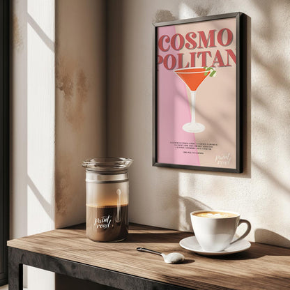 This elegant and sophisticated poster showcases a Cosmopolitan cocktail, rendered with a warm and i… for kitchen