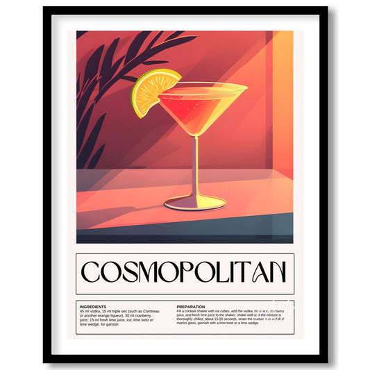 This elegant and eye-catching poster features a vibrant illustration of a Cosmopolitan cocktail, ar… for place