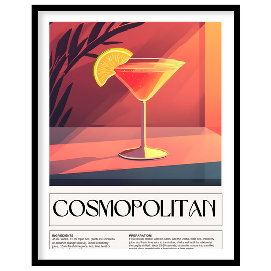 This elegant and eye-catching poster features a vibrant illustration of a Cosmopolitan cocktail, ar… for place