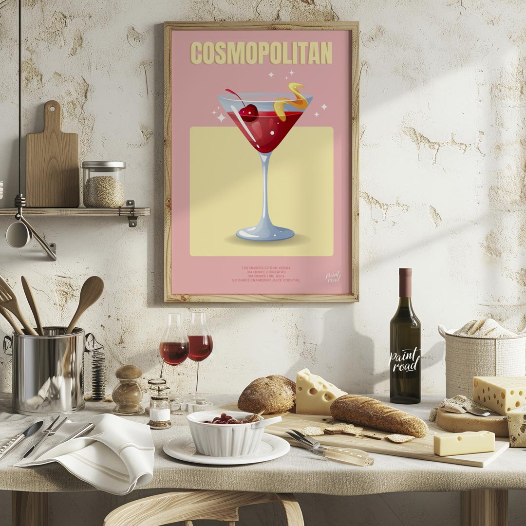 This chic and glamorous poster features a Cosmopolitan cocktail, radiating a sophisticated allure. … for kitchen