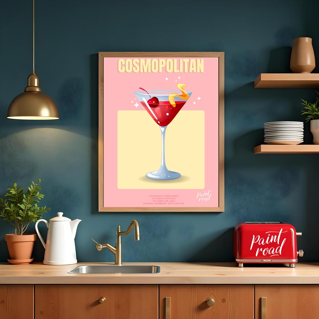 This chic and glamorous poster features a Cosmopolitan cocktail, radiating a sophisticated allure. … for kitchen