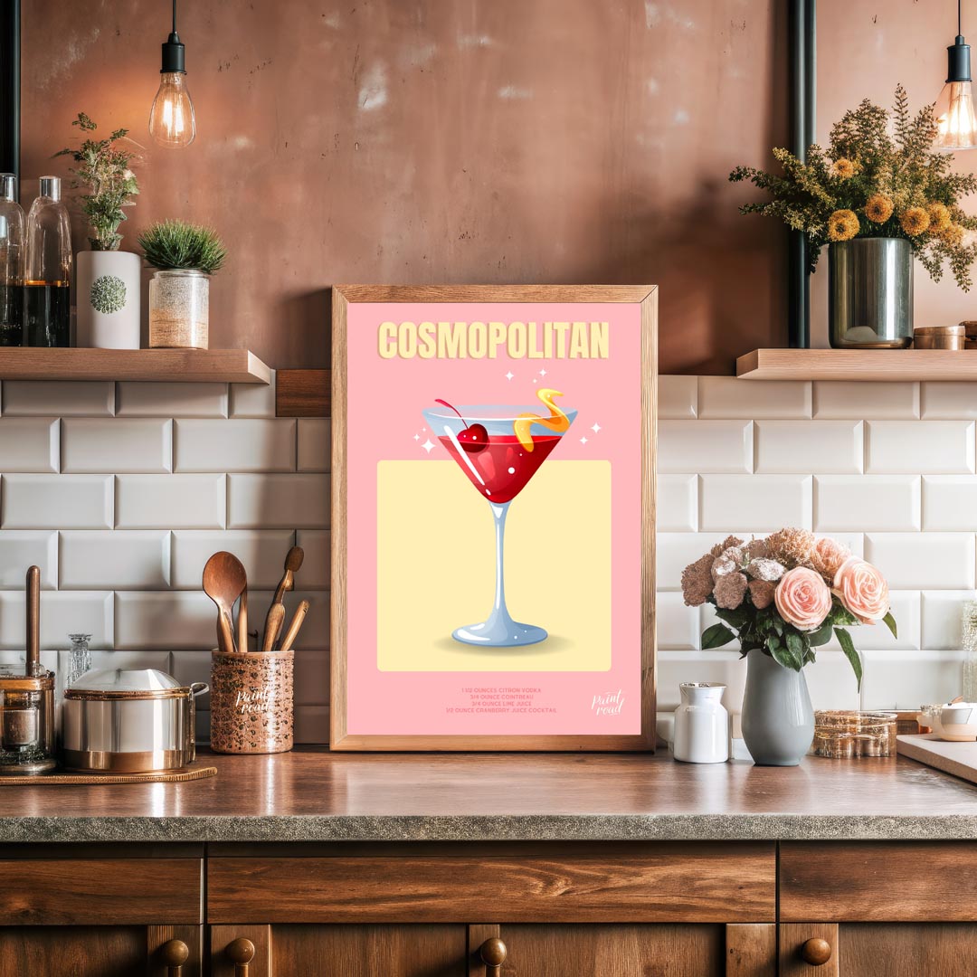 This chic and glamorous poster features a Cosmopolitan cocktail, radiating a sophisticated allure. … for kitchen