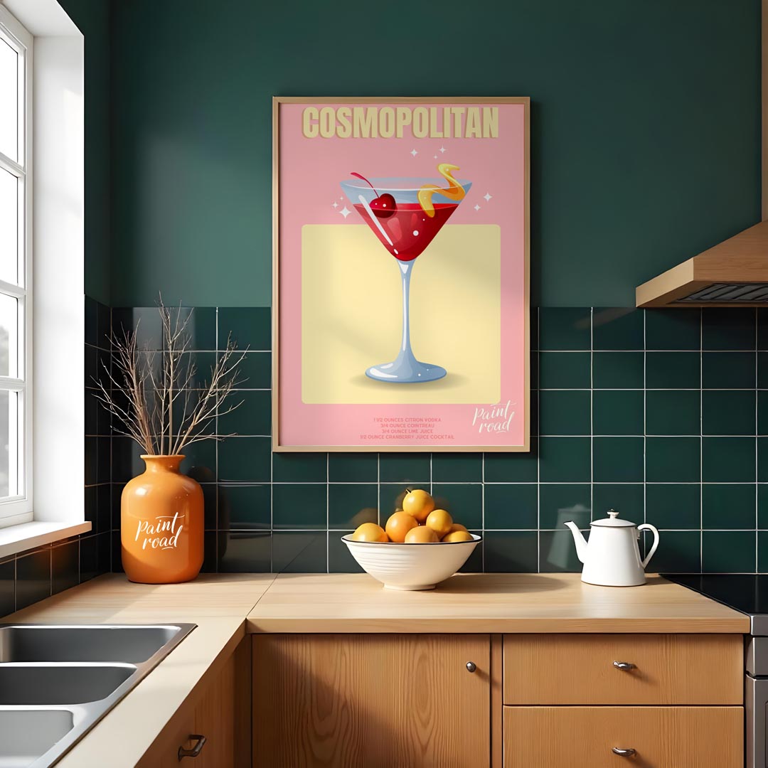 This chic and glamorous poster features a Cosmopolitan cocktail, radiating a sophisticated allure. … for kitchen