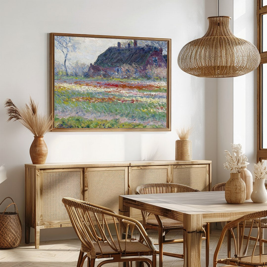 Immerse yourself in the tranquil beauty of this pastoral scene. A serene cottage nestles amid a for Dining