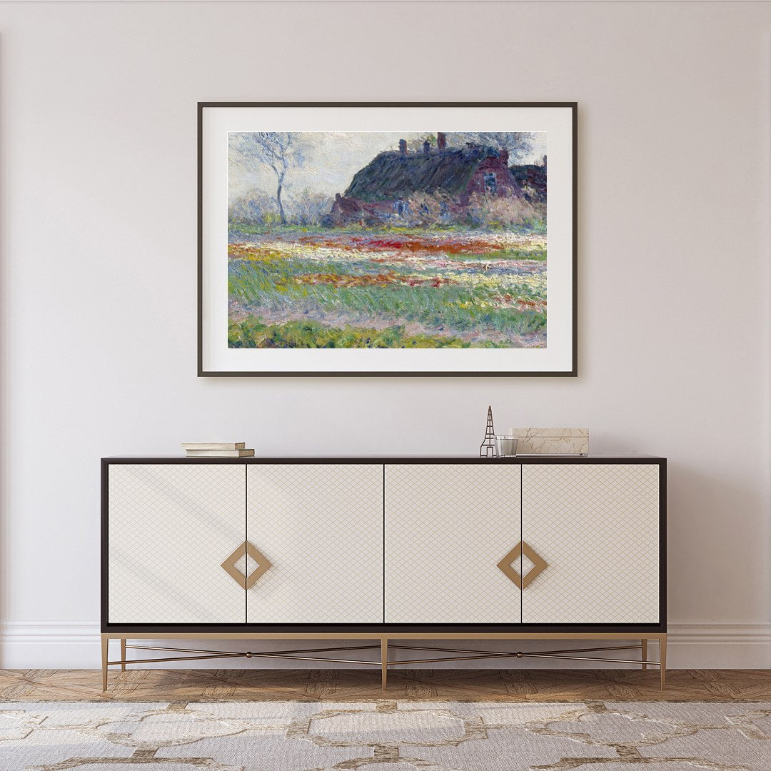 Immerse yourself in the tranquil beauty of this pastoral scene. A serene cottage nestles amid a for Foyer