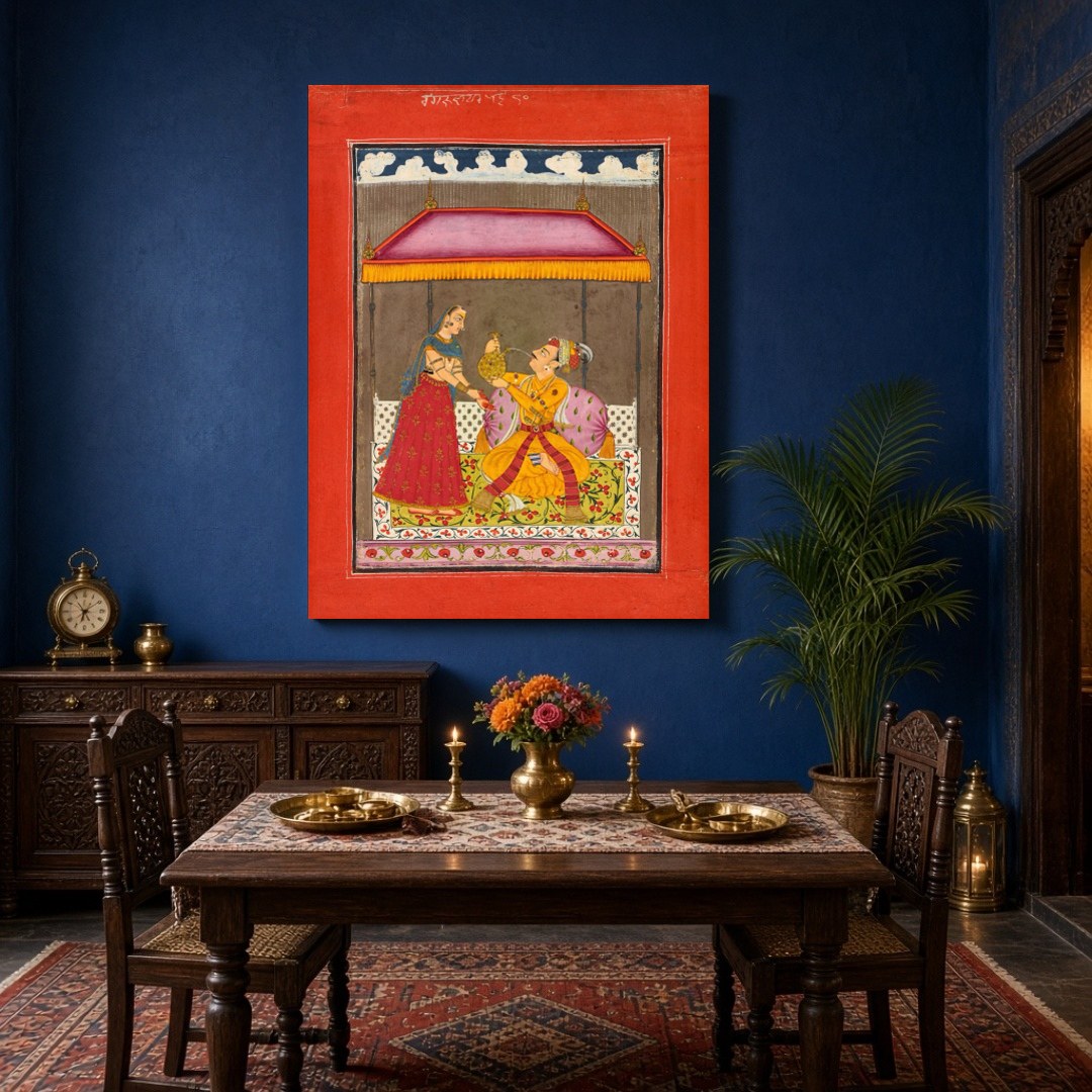 This exquisite Indo-Mughal miniature captures a regal couple beneath a richly adorned canopy, set for Dining