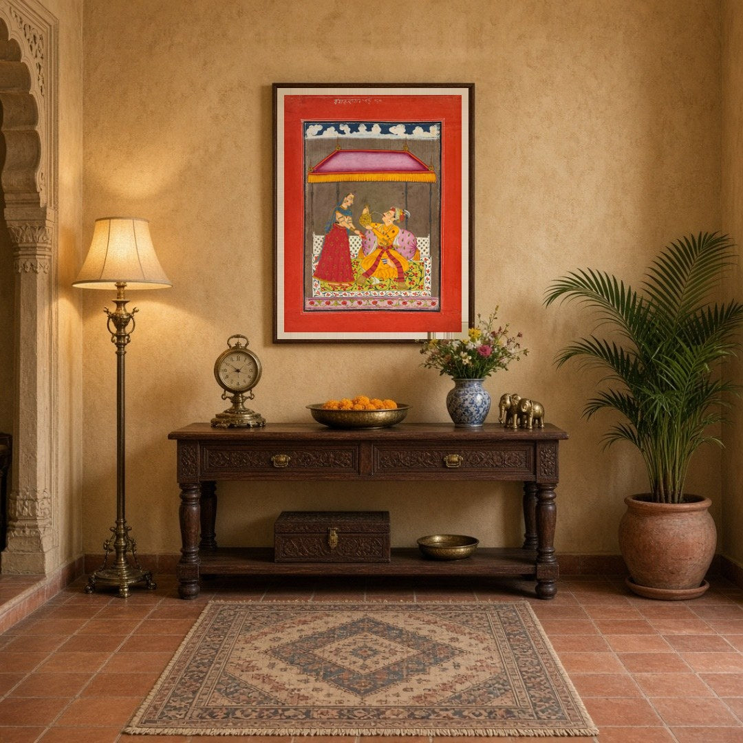 This exquisite Indo-Mughal miniature captures a regal couple beneath a richly adorned canopy, set for Entrance