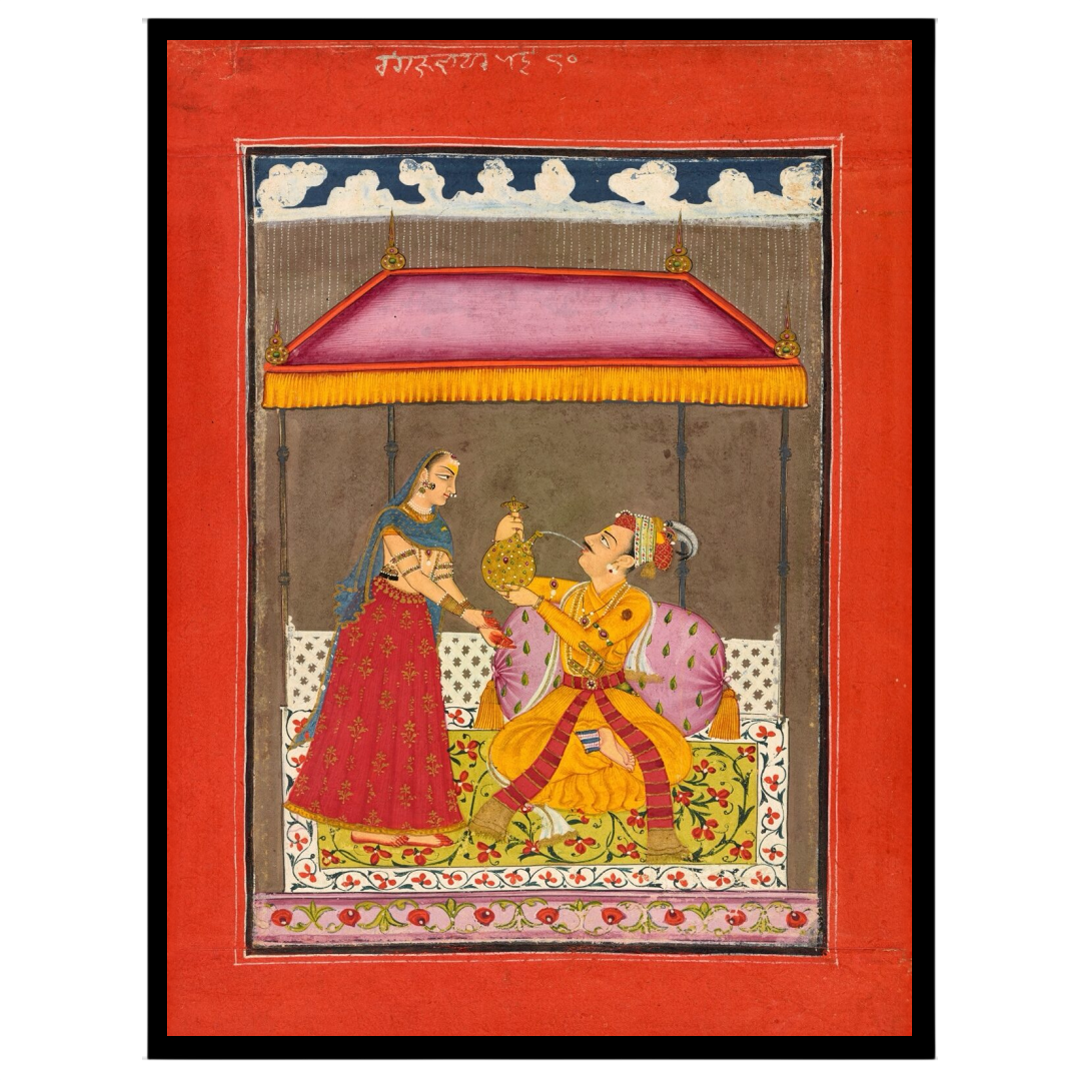 This exquisite Indo-Mughal miniature captures a regal couple beneath a richly adorned canopy, set for gallery