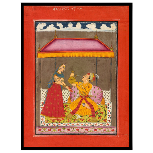 This exquisite Indo-Mughal miniature captures a regal couple beneath a richly adorned canopy, set for gallery