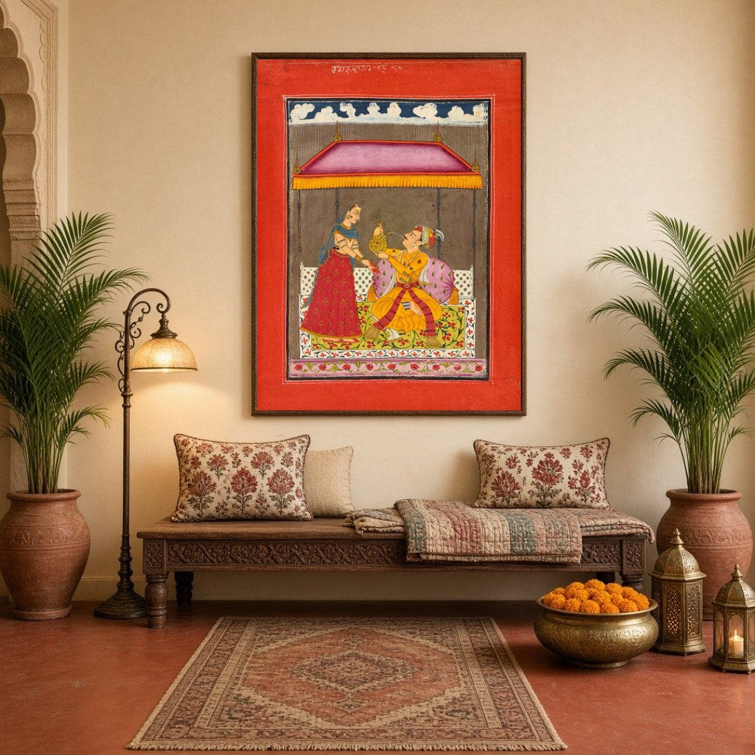 This exquisite Indo-Mughal miniature captures a regal couple beneath a richly adorned canopy, set for Hallway